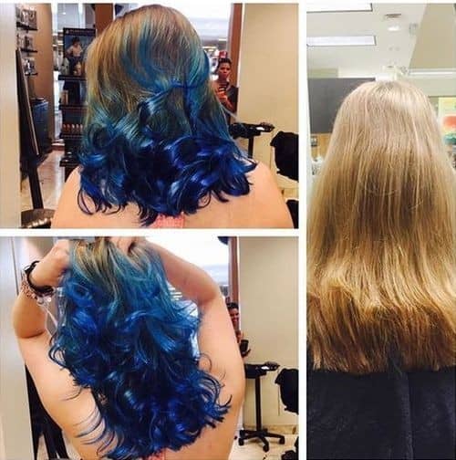 Blonde and Blue Shoulder Length Cut