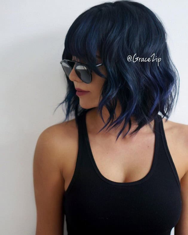 Navy blue wavy mob with bangs