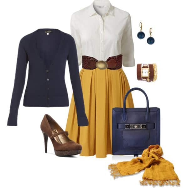 White collar shirt, navy cardigan and goldenrod pleated skirt