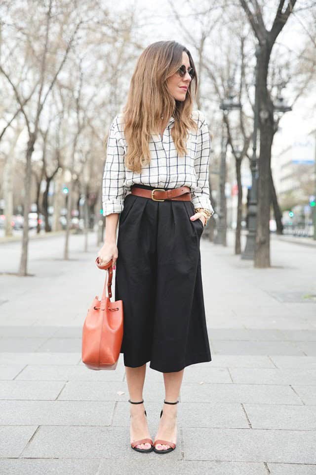 Black Culottes and Plaid Long Sleeve Shirt