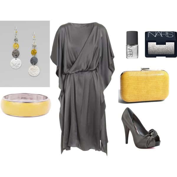 Stormy weather silk wrap dress with yellow accessories