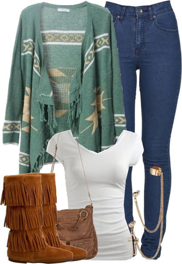 Fringe Aztec print cardigan and brown fringe boots