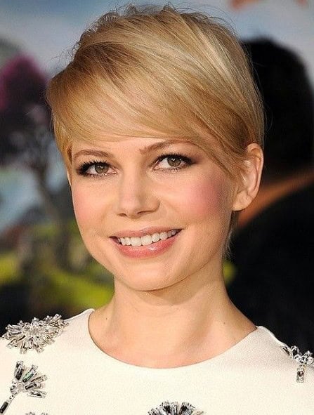 Golden blonde pixie with long side-swept bangs