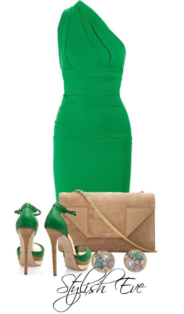 Green sleeveless one-shoulder green dress and taupe purse