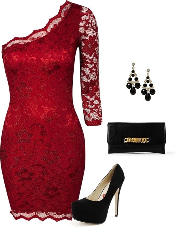 Red lace one-shoulder dress with black accessories