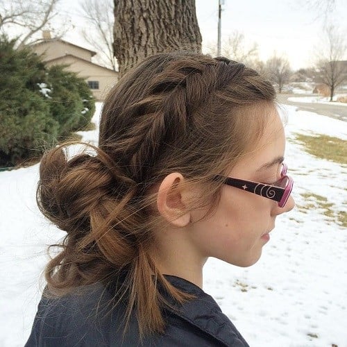 Twisted Brown Braid with Messy Bun Finish