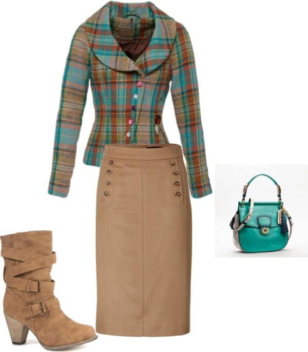 Plaid jacket and solid pencil skirt