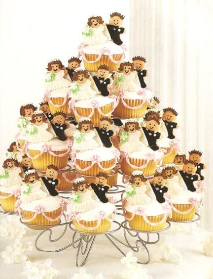 Bride and groom cupcake display