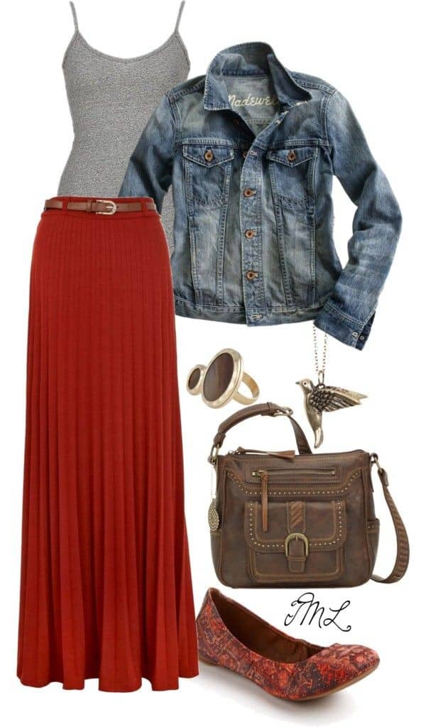 Pleated maxi skirt, tank top and denim jacket