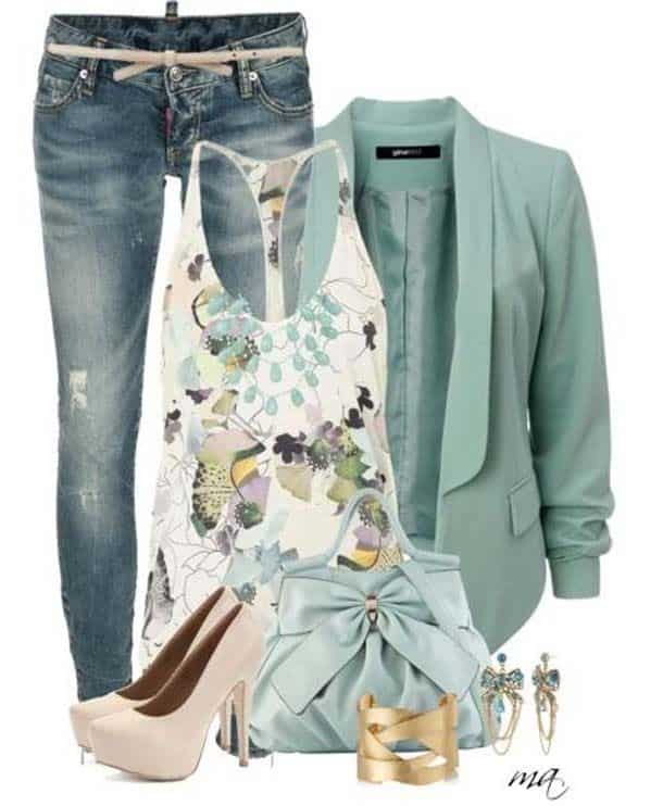 Blazer, razor back floral tank and jeans