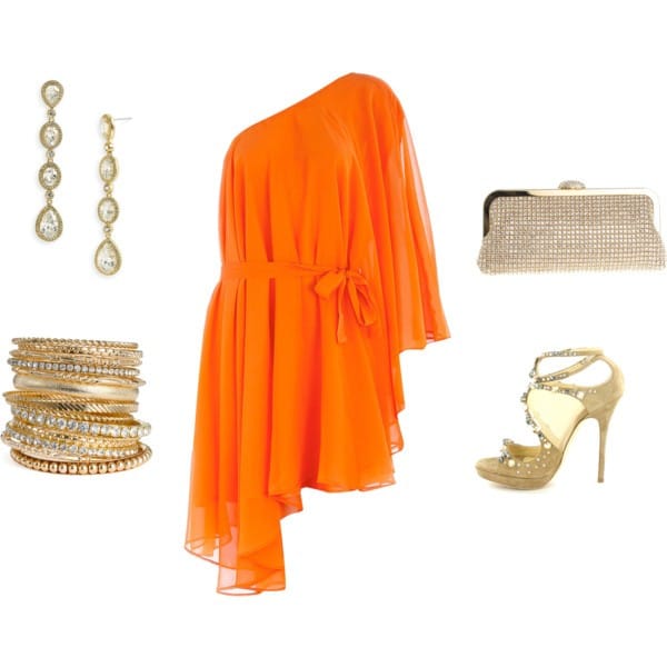 Orange one-shoulder dress and gold accessories