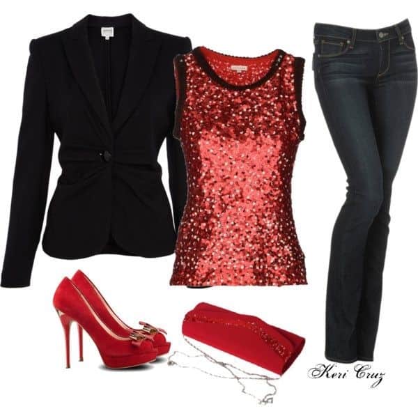 Red sequin top, black blazer and fitted jeans