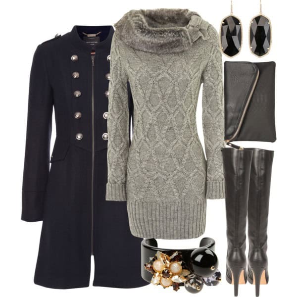 Sweater dress with faux fur trim, military coat and clutch