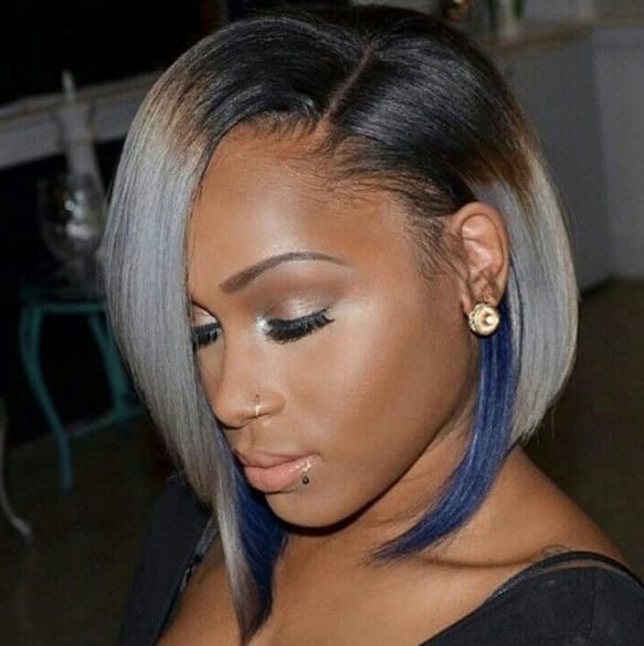 Tri-tone bob with dark brown, silver and dark blue (and side part)