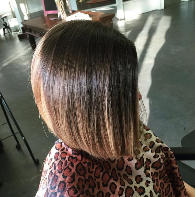 “Slight ombre” angled bob for thick hair