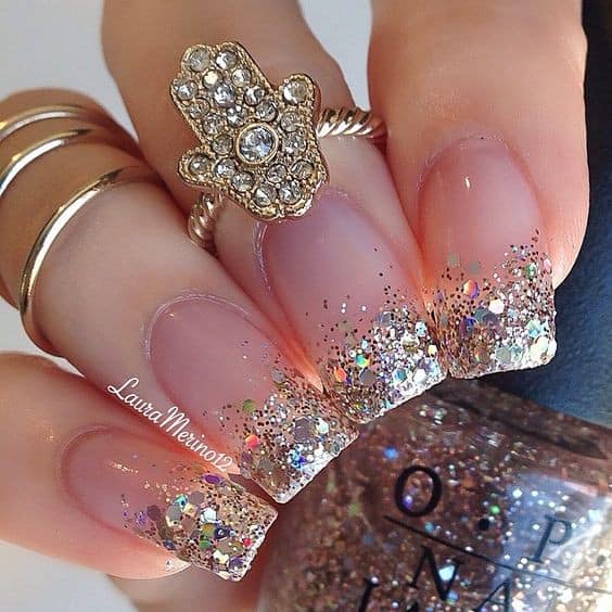 Classic French Manicure With Glitter Tips