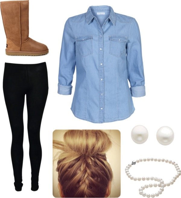 Fall Outfit Ideas: Baby blue denim shirt, black leggings and brown UGGs