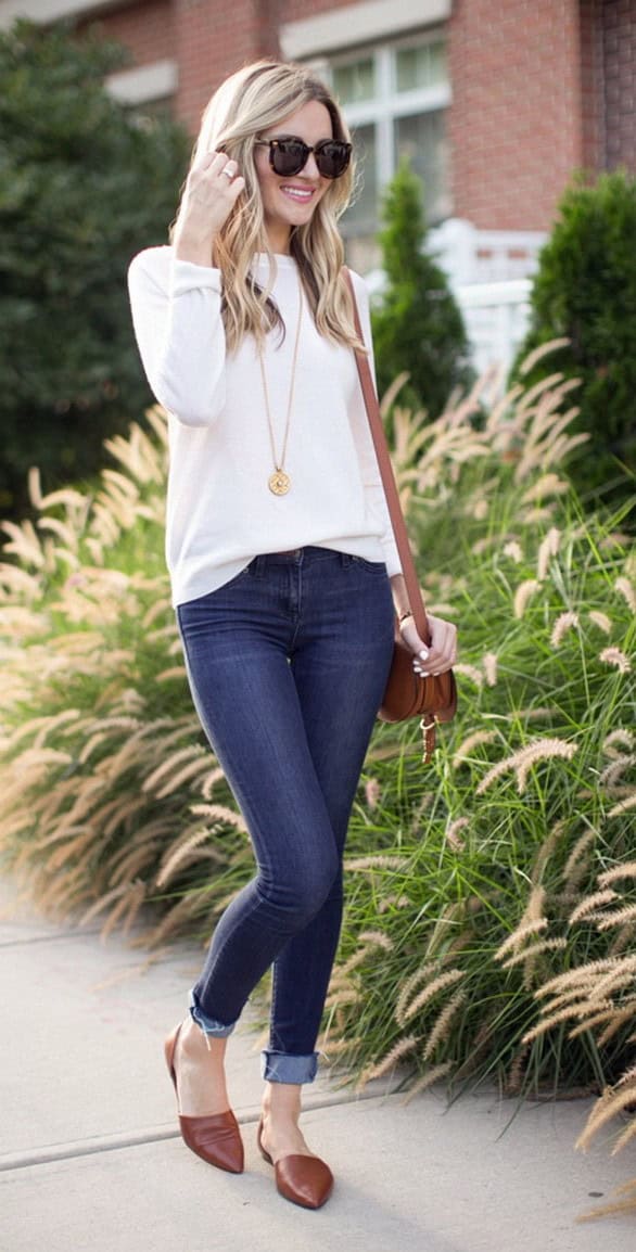 White Jumper with Brown Loafers and Jeans