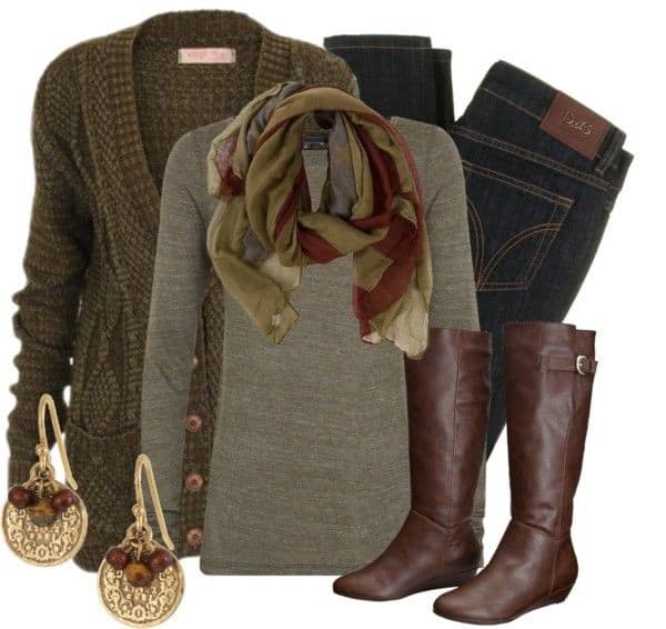 Desert sage cardigan with dark brown riding boots