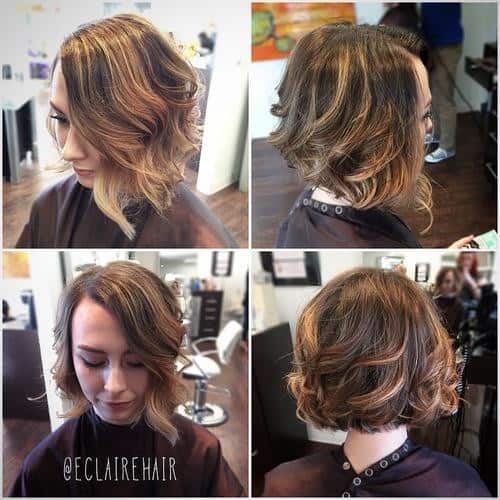 Wavy angled short bob with blonde highlights and deep side part