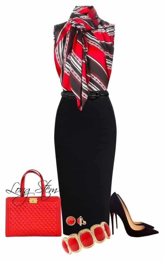 Shirt with Dramatic Neckline and Pencil Skirt