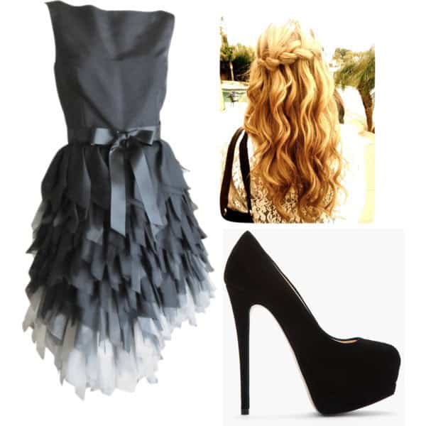 Silk tri-tone dress with ruffles and black Stilettos