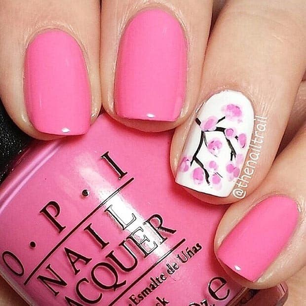 Pink Spring Nail Design withCherry Blossom for Girls