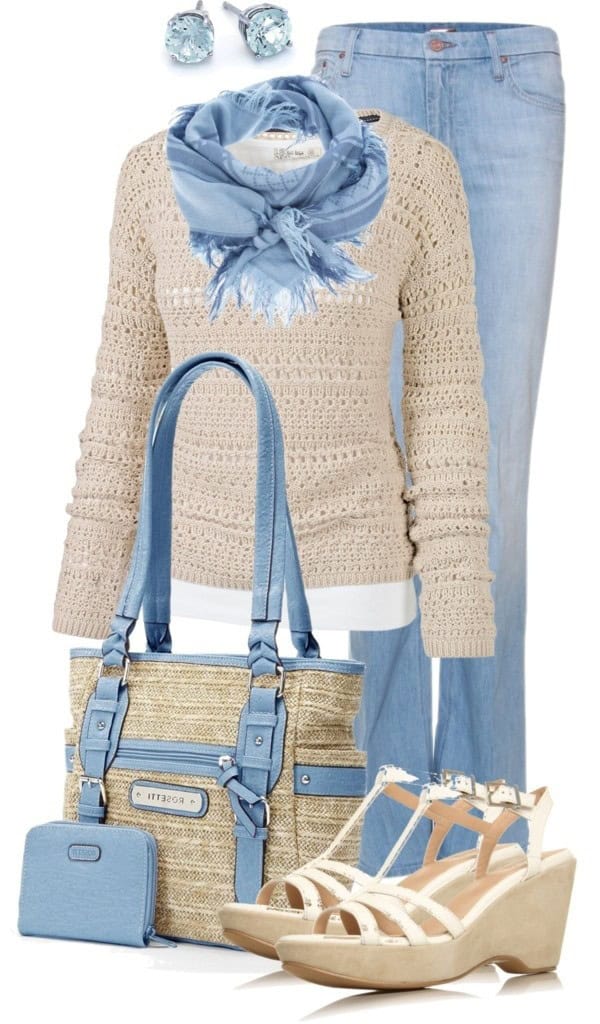 Taupe sweater, light baby blue jeans and baby blue scarf