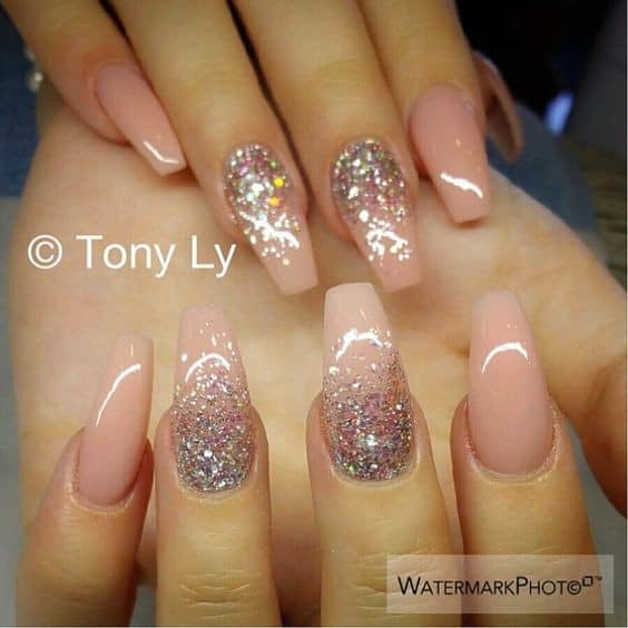 nude/pink and silver square oval acrylic nails