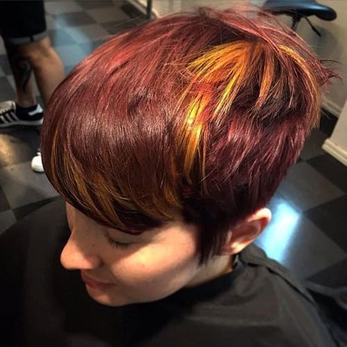 Bright Red Pixie Crop with Orange Streaks for Short Hair