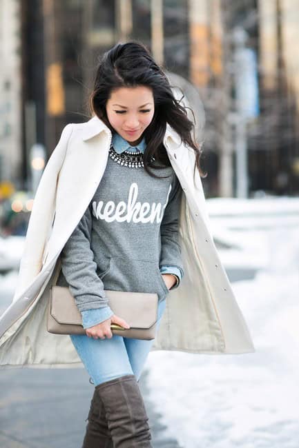 Grey pullover with shirt and statement necklace