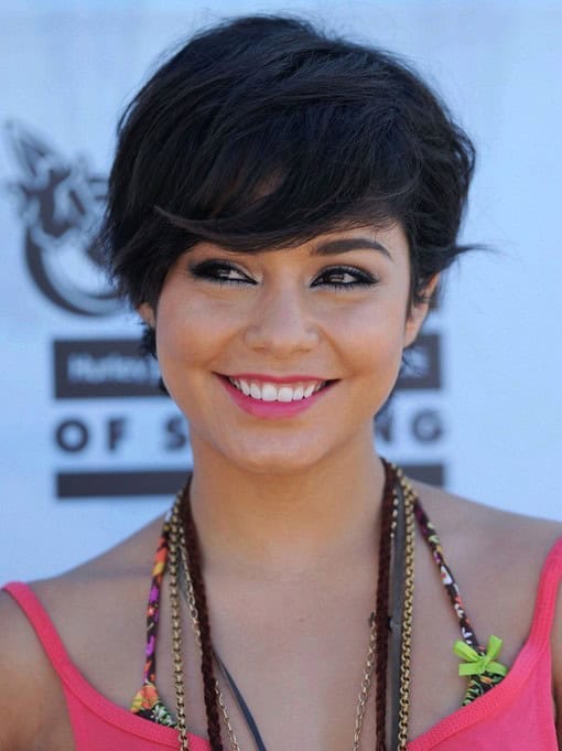 Vanessa Hudgens Short Hairstyle: Cute Layered Black Short Cut with Side Swept Bangs