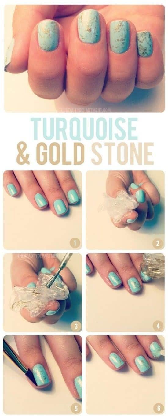 Turquoise and Gold Stone Nail Tutorial