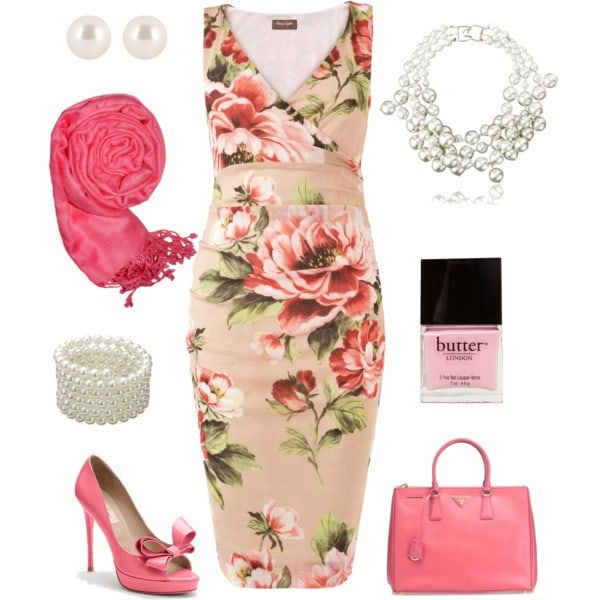 Floral sleeveless dress with a low-V and pearls