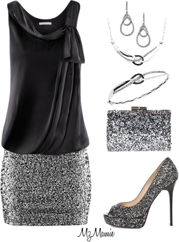 Black silk sleeveless top and silver glitter mini skirt and accessories