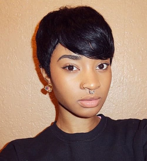 Glossy Black Curved Fringe – Cute African American short haircut with bangs for girls