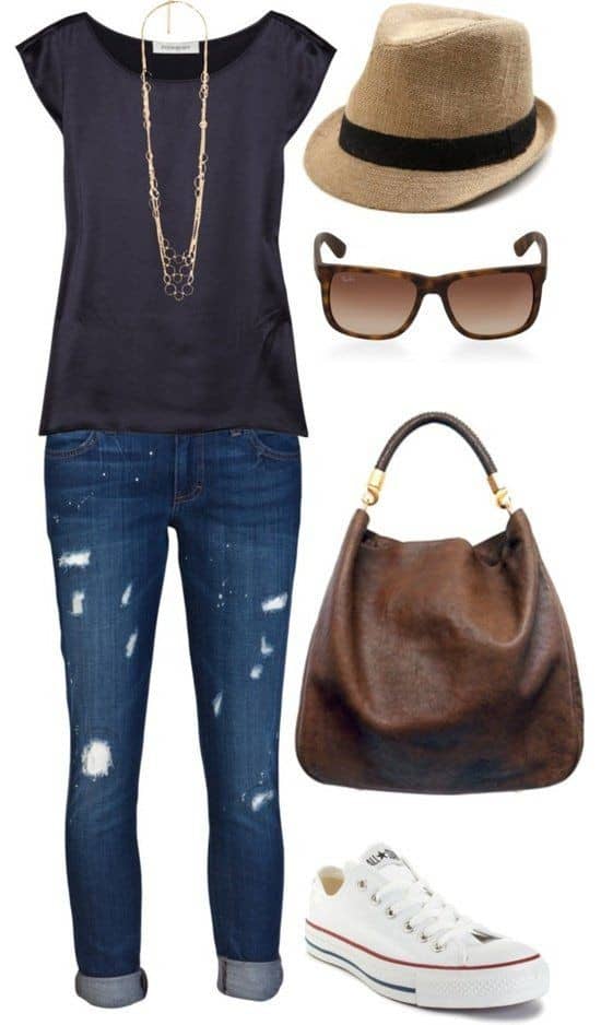 Silk top, distressed skinny jeans and brim hat