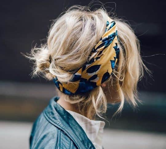 Blonde Messy Bun with Headscarf