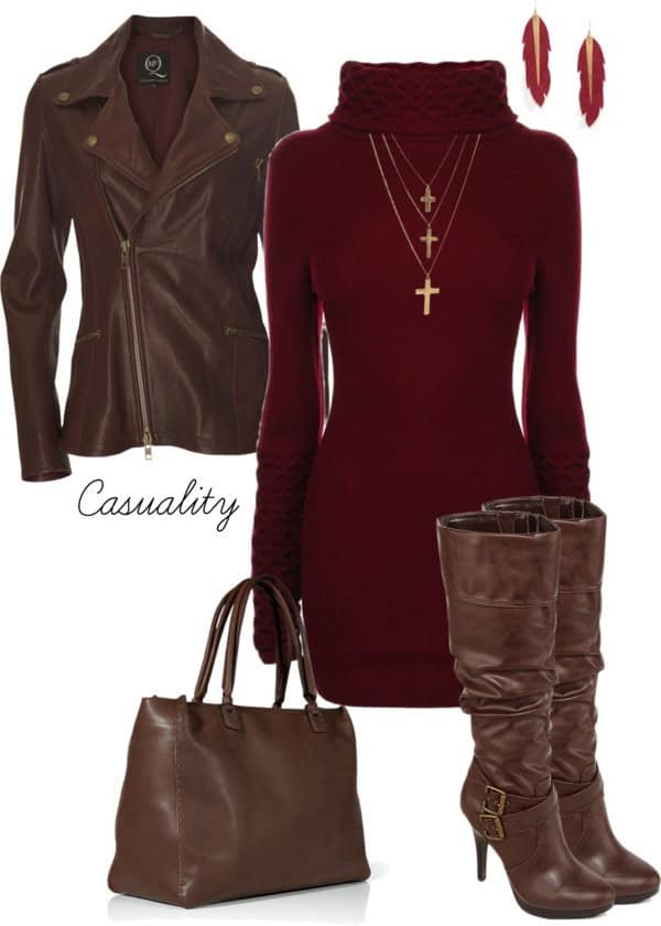 Brown leather and maroon turtleneck sweater dress