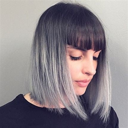 Black and grey ombre bob with angled bangs