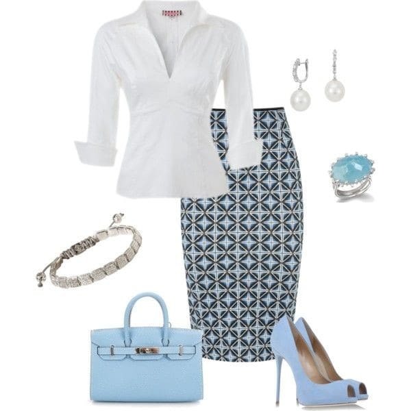 Fall Outfit Idea for Work: Baby blue printed pencil skirt, white shirt and baby blue heels