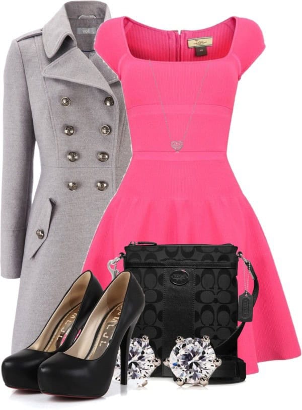 Bright pink dress and grey military coat