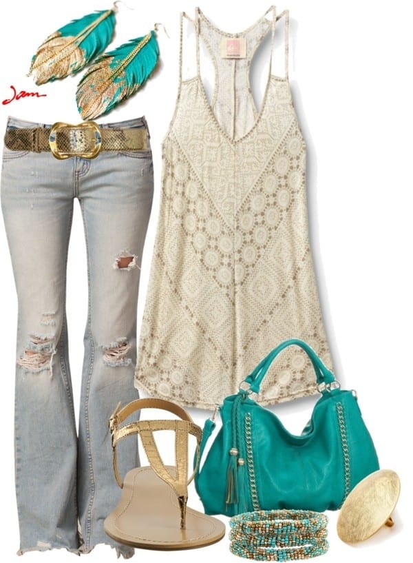 Crochet razor back tank, distressed jeans and gold sandals