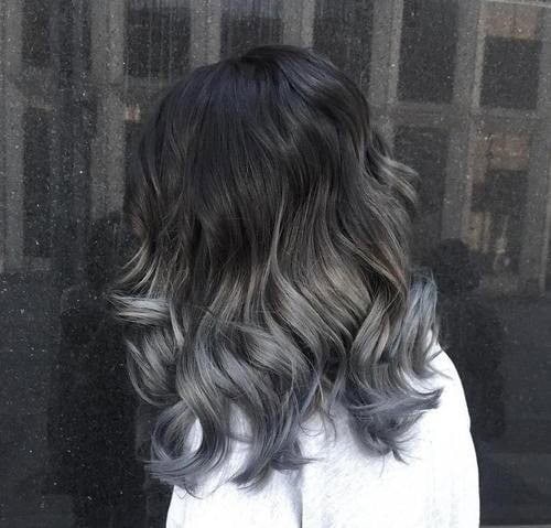 Black, Grey and Blue Long Bob – gray ombre hair color ideas