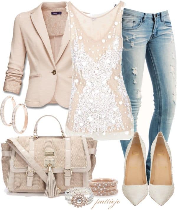 Beige lace long tank with matching blazer and distressed jeans