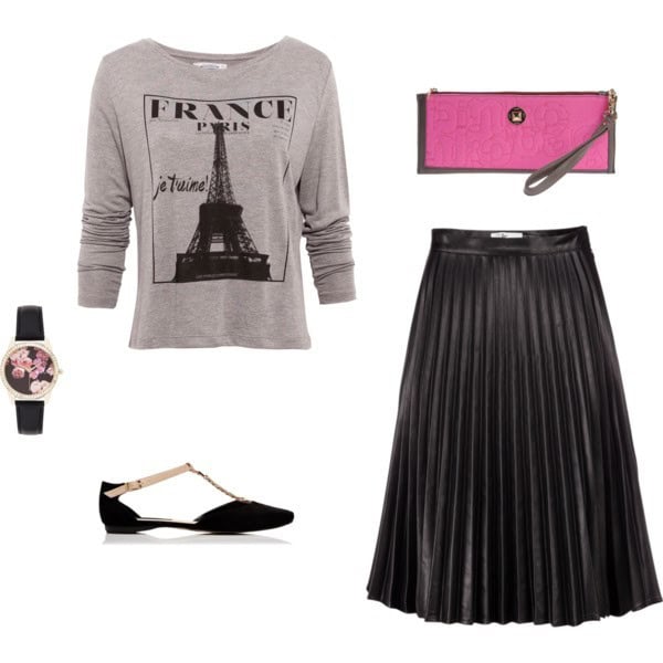 Graphic shirt and pleated leather skirt