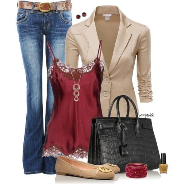 Silk camisole, blazer and jeans