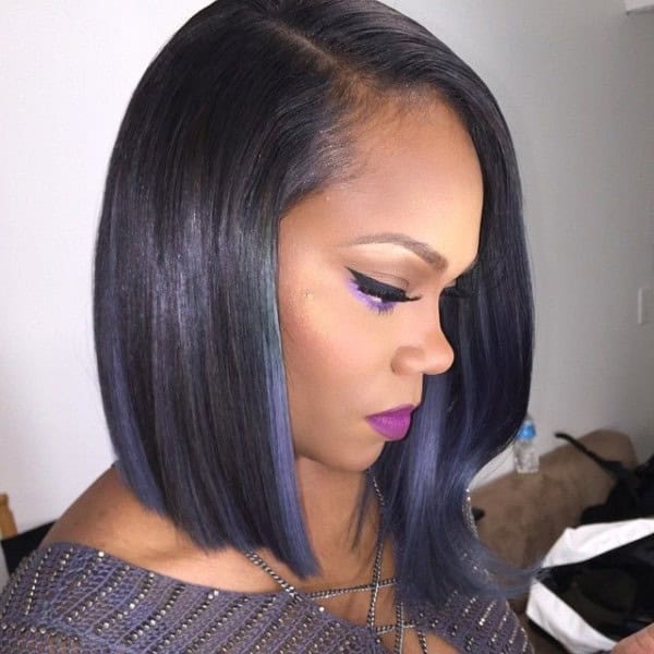 Straight and sleek bob with grayish blue streaks