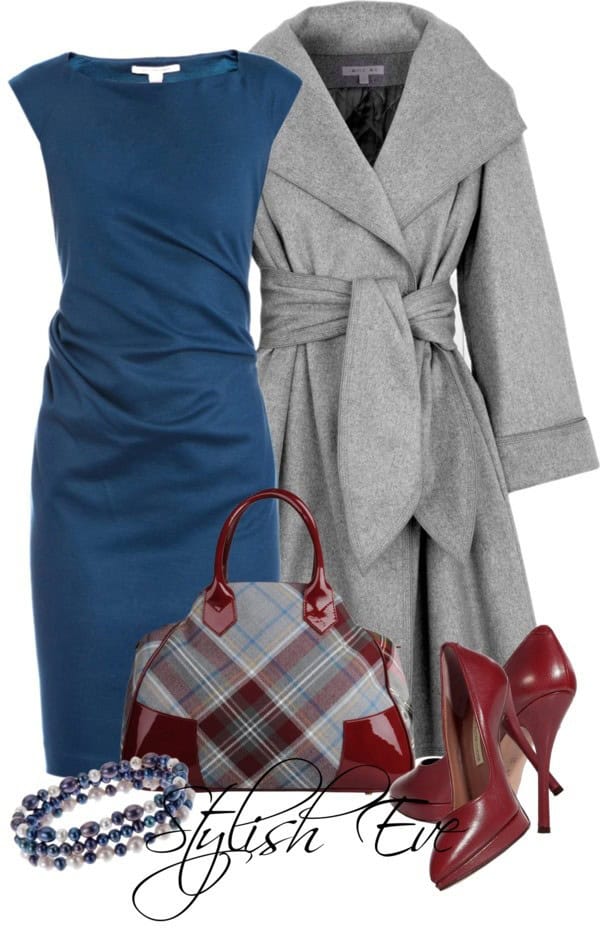 Stormy weather cocoon coat, blue dress and plaid purse