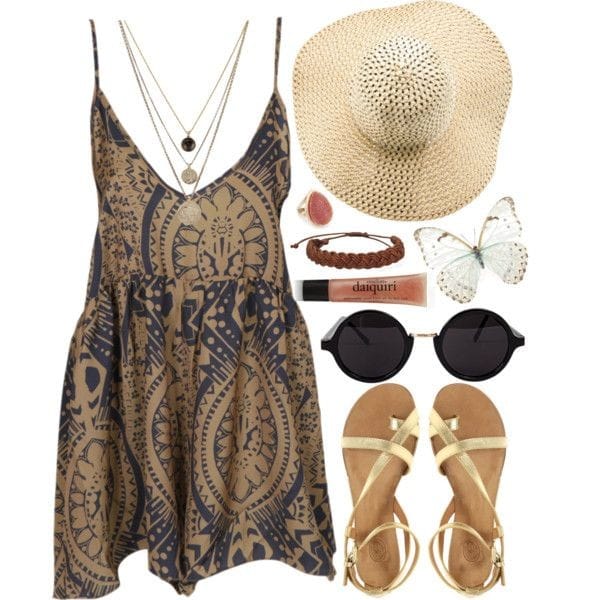 Printed spaghetti strap short dress and straw big hat